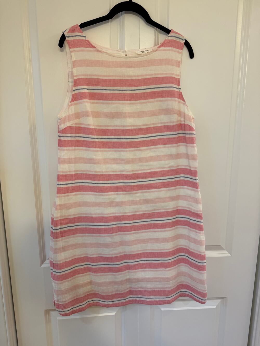 Beach Lunch Lounge Pink White Navy Stripe Linen Blend Shift Dress Sleeveless M